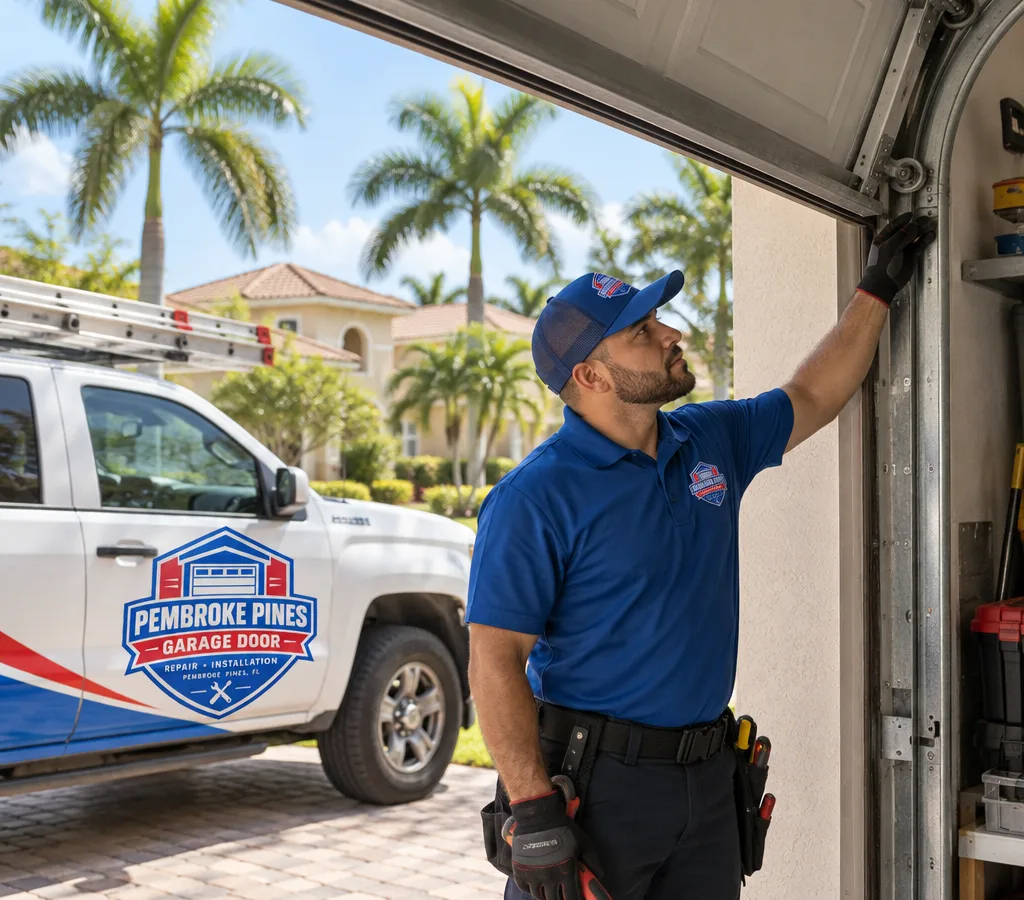 Contractor inspecting the track and rollers of a partially open residential garage door in a Pembroke Pines driveway
