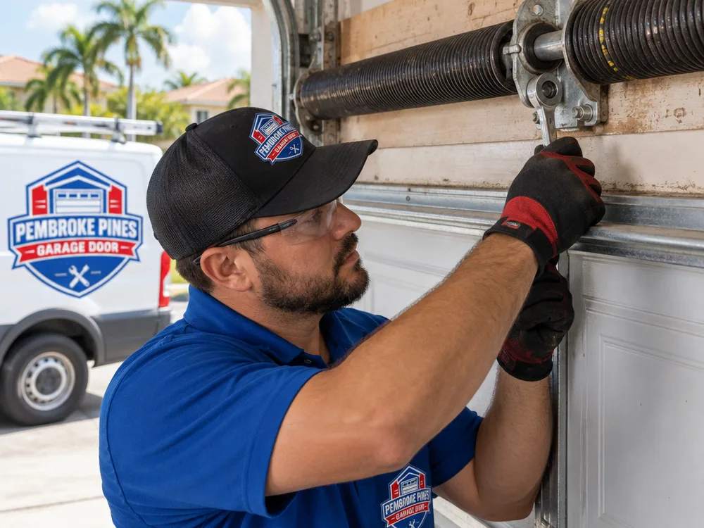 Garage door torsion spring and center bearing above a residential door