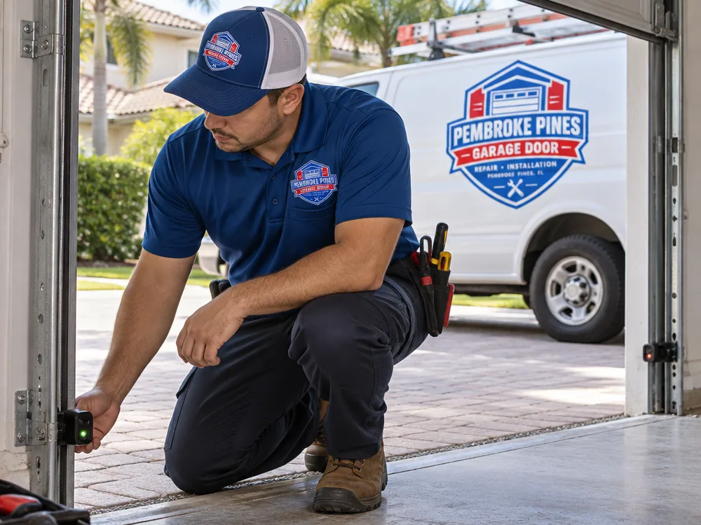 Technician adjusting garage door photo-eye safety sensors near the floor