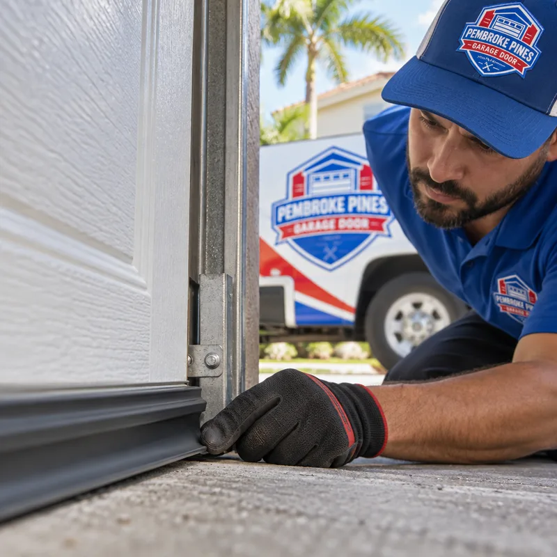 Close-up of a new garage door bottom weather seal meeting the concrete threshold