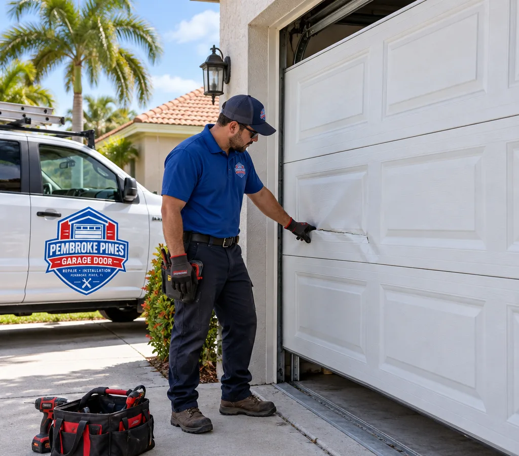 Residential sectional garage door with a visibly damaged panel on a South Florida home