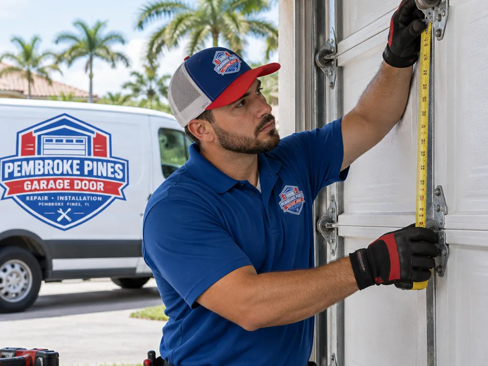 Garage door installer measuring a sectional door panel and checking its hinges and rollers