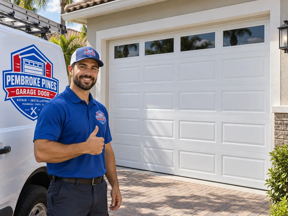 Finished residential garage door replacement with aligned sections and even spacing at the jambs