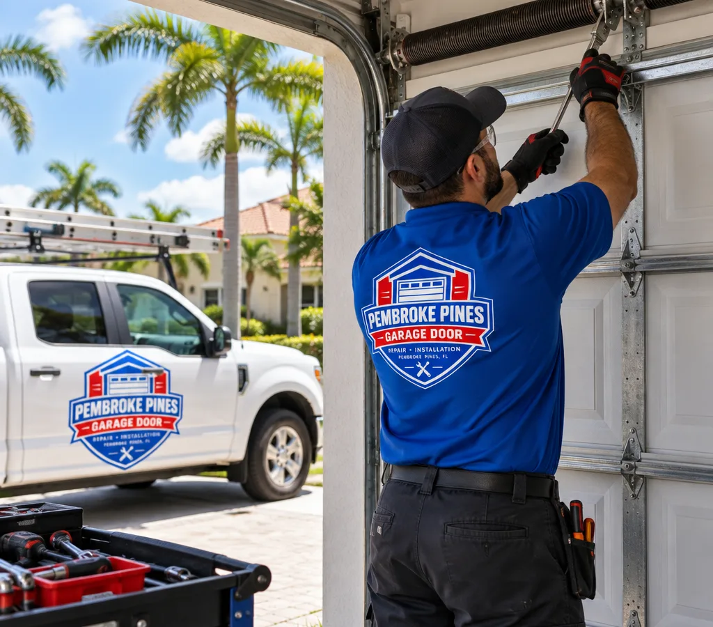 Contractor working near the torsion spring mount above a residential garage door