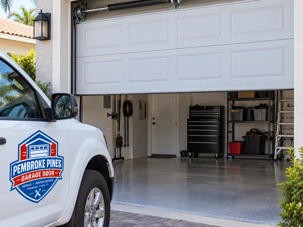 Residential garage door sitting level and balanced halfway open