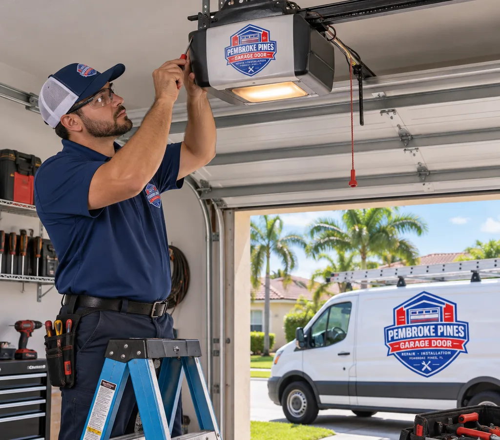 Contractor troubleshooting a ceiling-mounted garage door opener in a residential garage