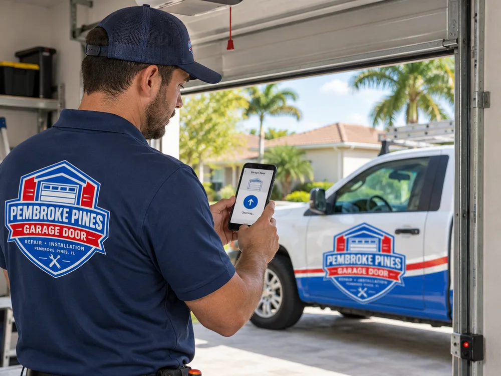 Contractor pairing a smart garage door opener to a phone app and verifying operation