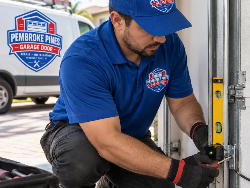 Contractor aligning garage door safety photo eyes near the bottom of the track