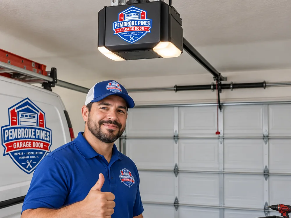 Newly installed belt-drive garage door opener with tidy wiring and a straight rail