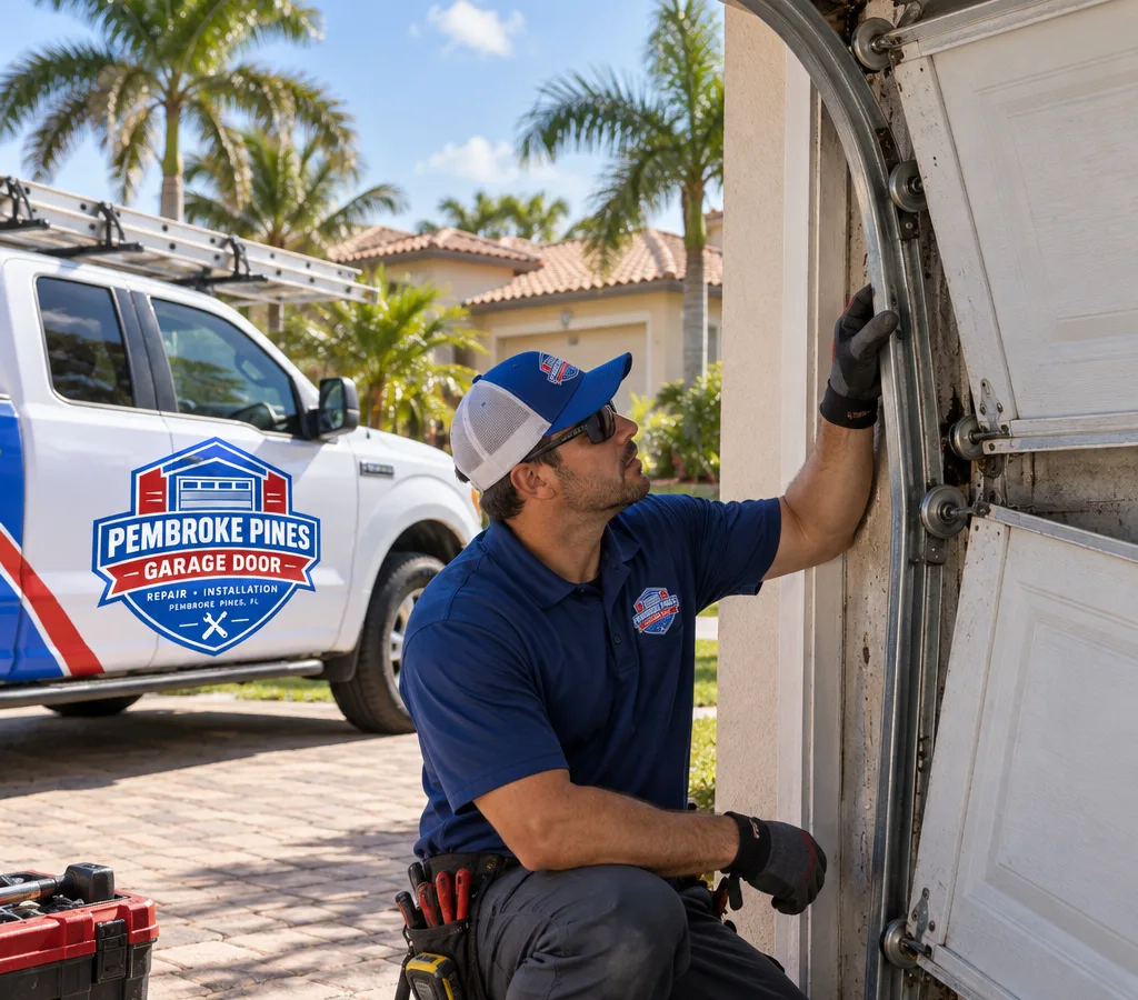 Residential sectional garage door sitting out of its track while a contractor assesses the secured door