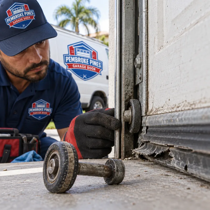 Damaged commercial door bottom seal and worn rollers at the track