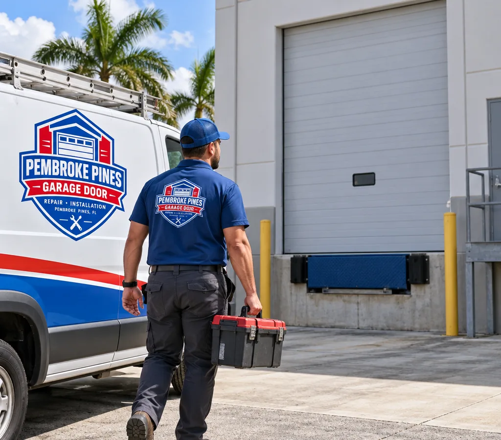 Commercial building with a sectional overhead door beside a loading dock