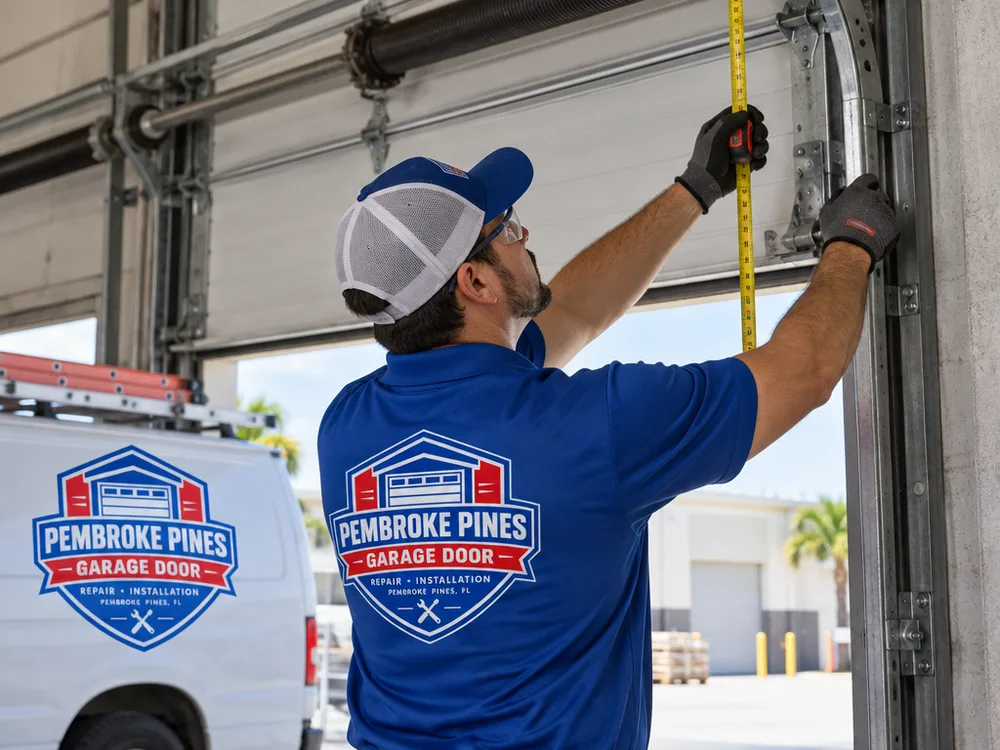 Contractor measuring a commercial overhead door opening and checking headroom