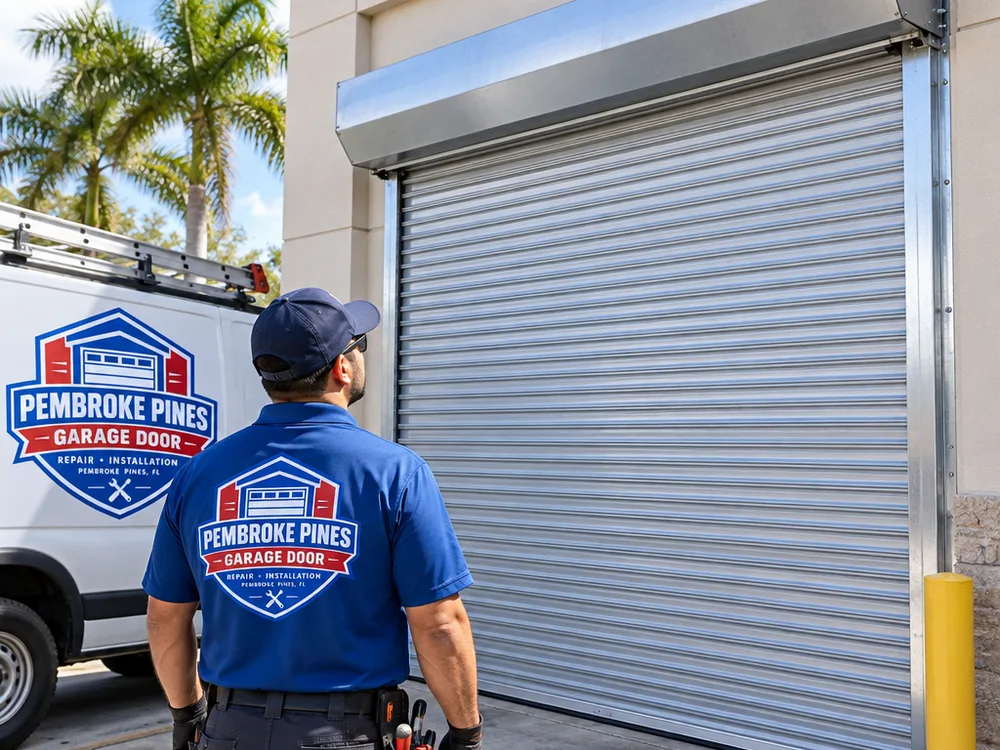 Rolling steel door installed on a commercial service opening with hood and guides visible