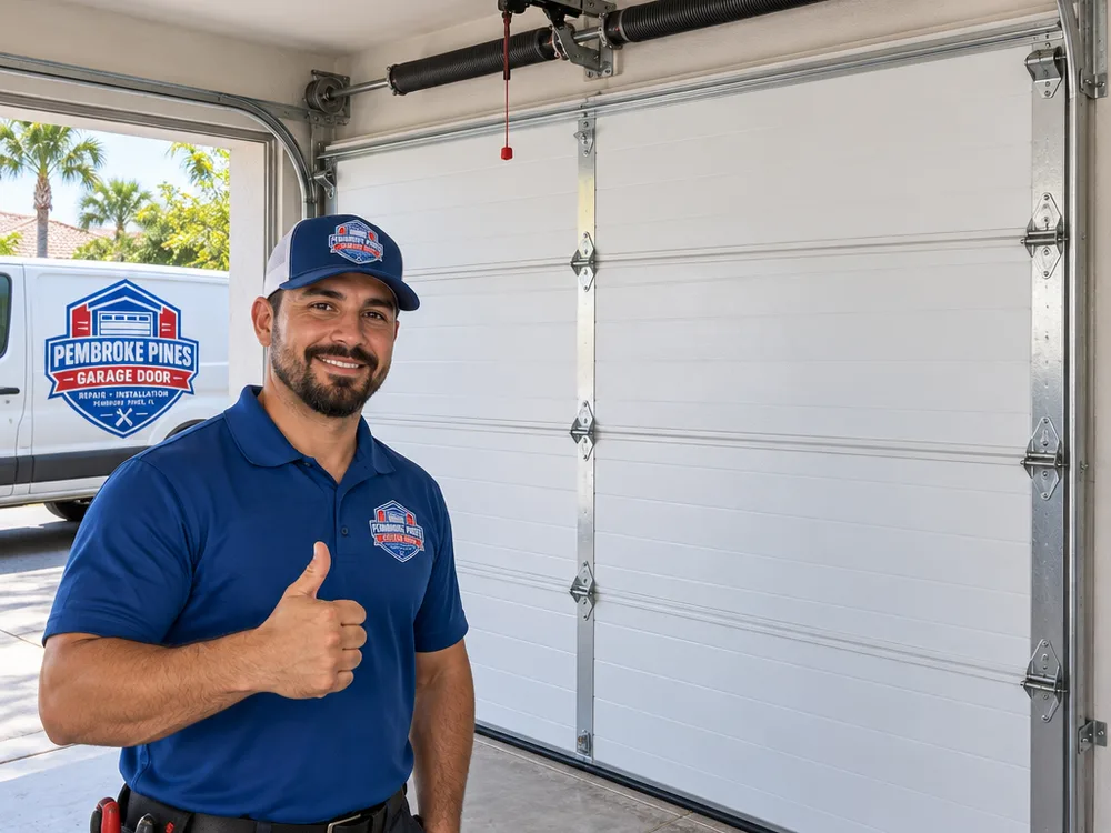 Installed insulated sectional overhead door with tracks, springs, operator, and weather seal