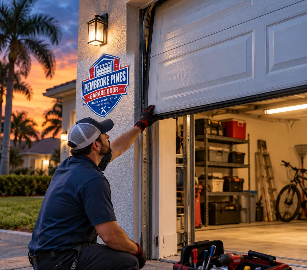 Residential garage door partially open at dusk with interior light visible