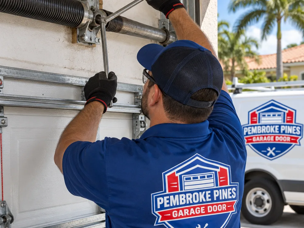 Contractor inspecting a garage door torsion spring and center bearing plate