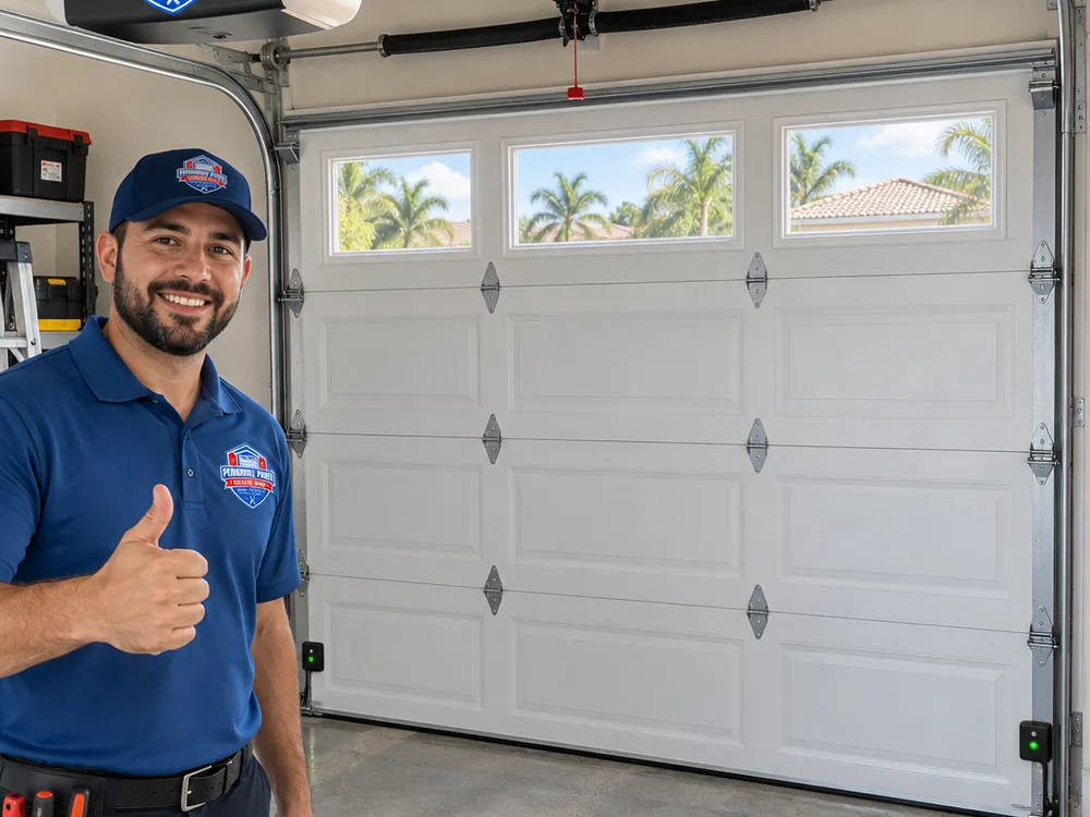 Residential garage door traveling evenly with aligned safety sensors