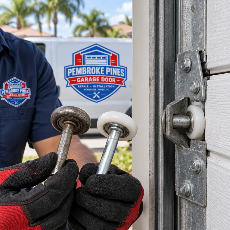 Close-up of garage door rollers and a hinge on a sectional door