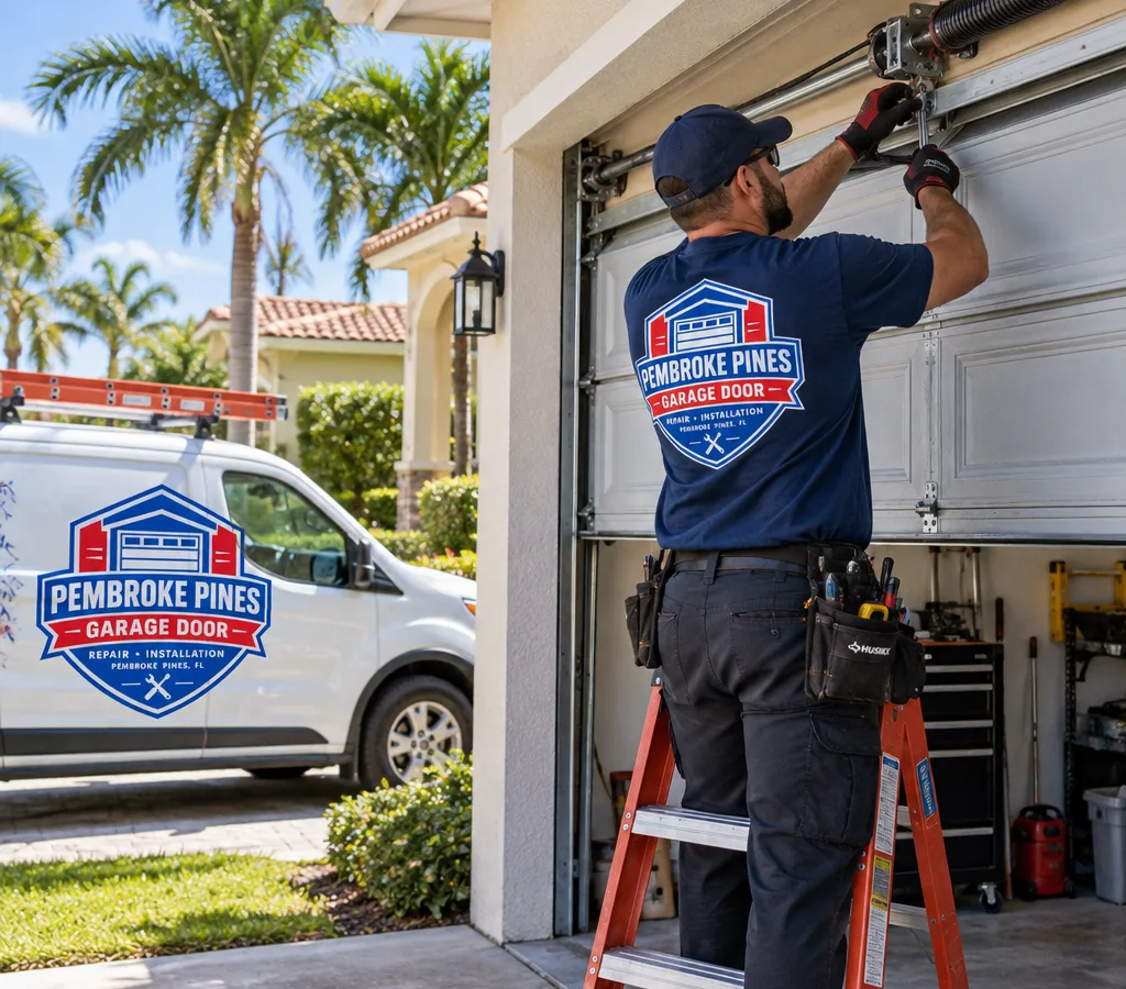 Residential garage door partially open in a South Florida driveway with the torsion spring visible
