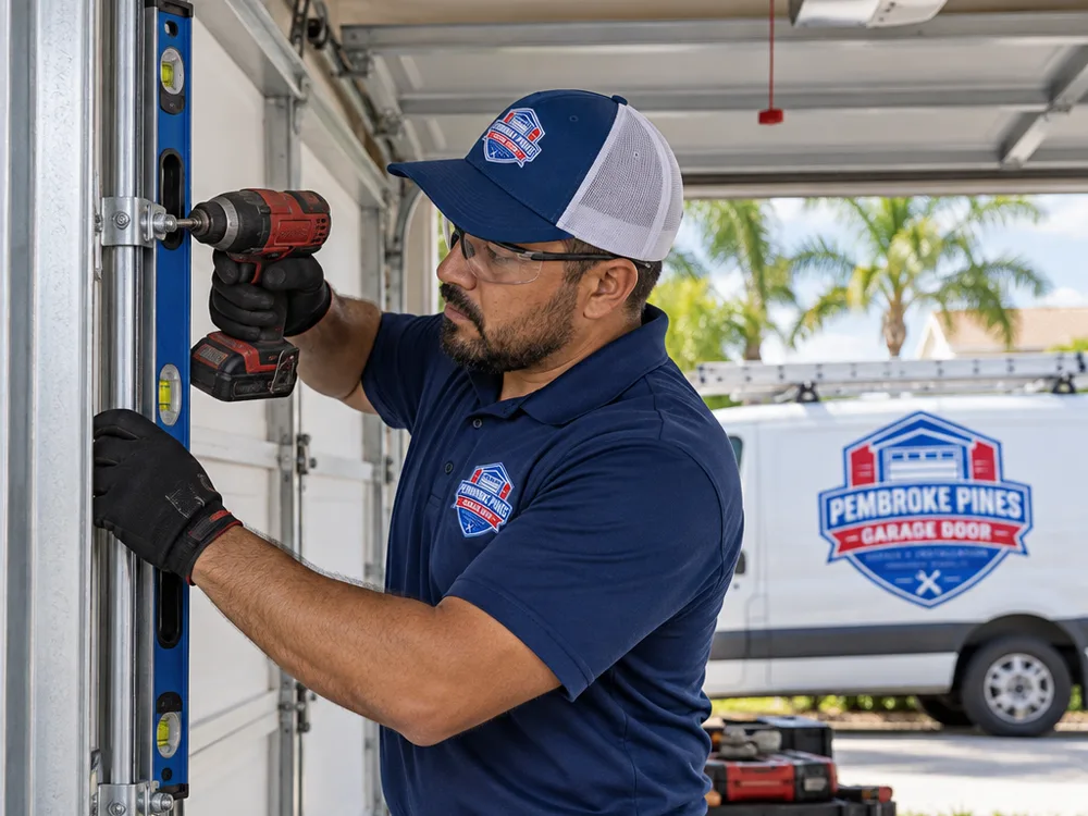 Contractor aligning a garage door's vertical track with a level and tightening its brackets