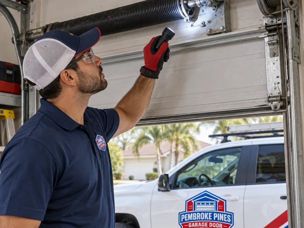 Contractor inspecting a garage door torsion spring, center bearing plate, and cable drums