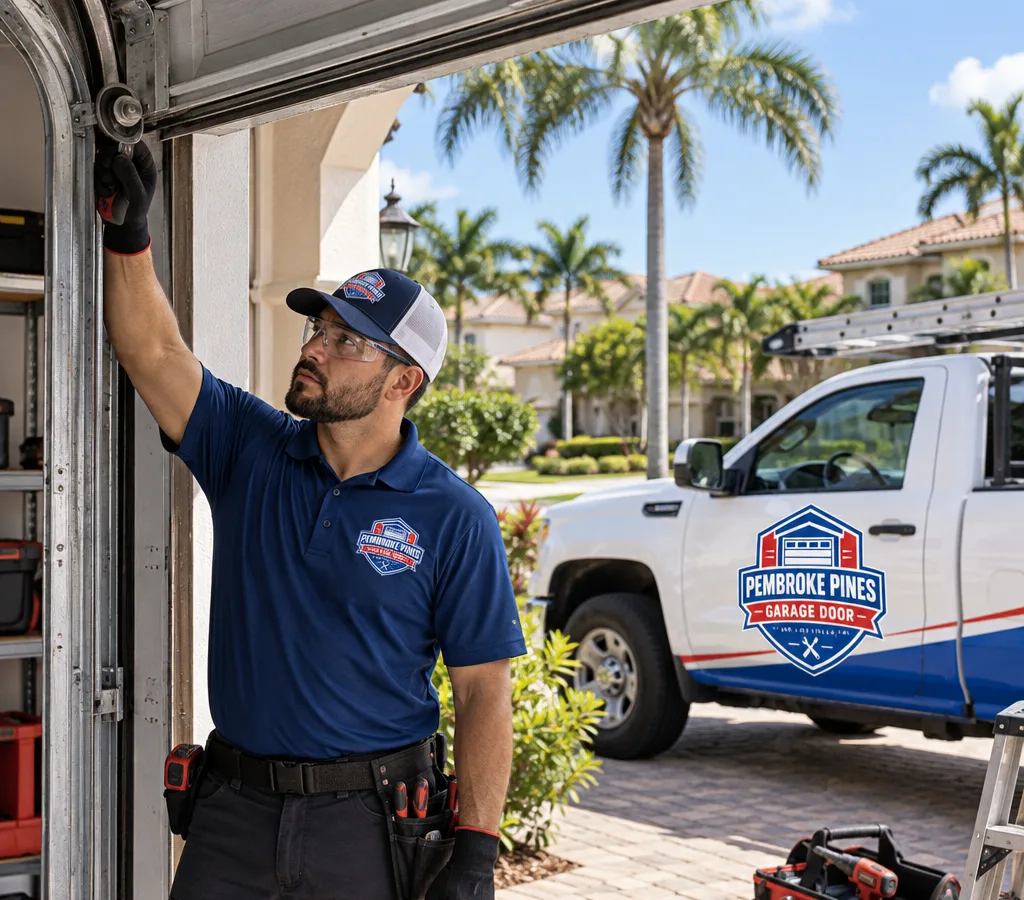 Residential garage door partially open while a contractor inspects the track and rollers