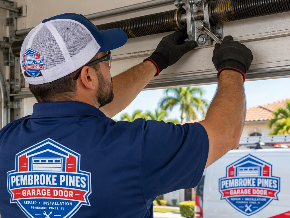 Contractor checking a garage door torsion spring assembly and center bearing plate