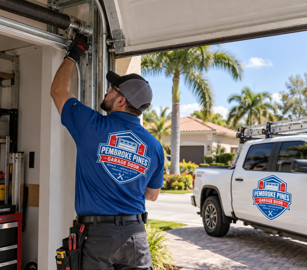 Residential garage door halfway open while a contractor inspects the track and torsion spring area