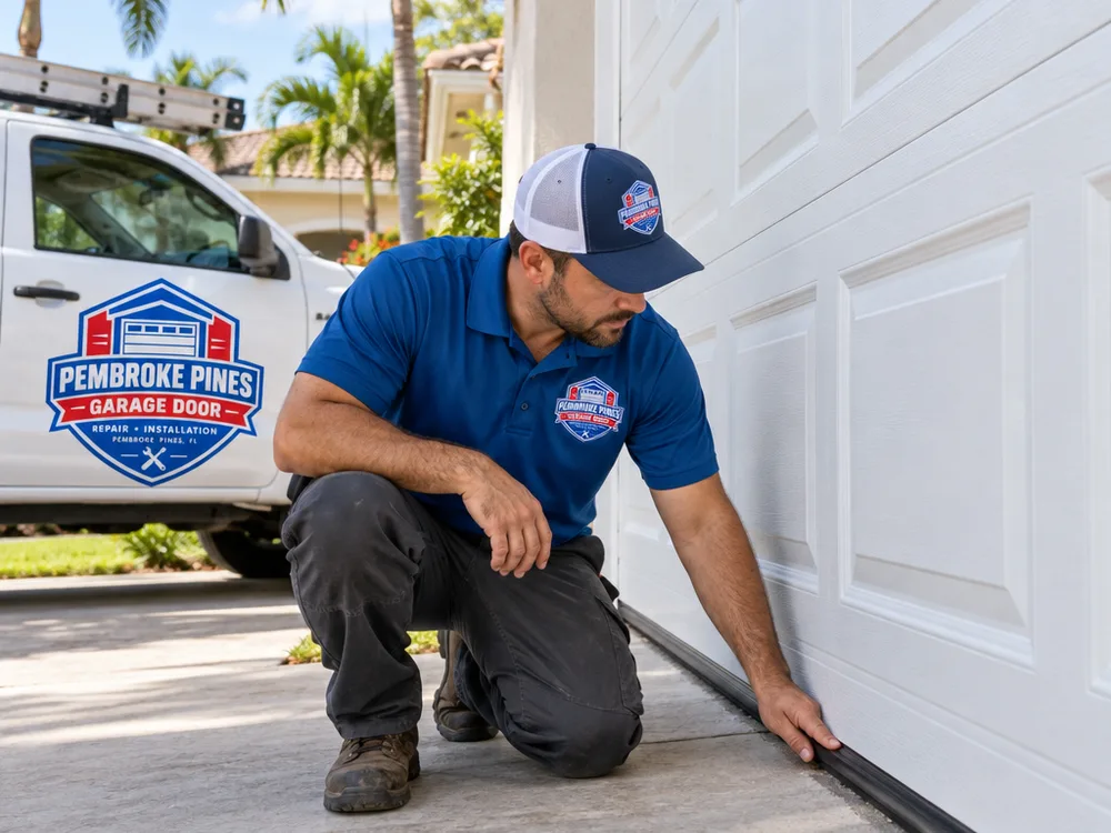 Residential sectional garage door closed evenly with its bottom seal contacting the slab