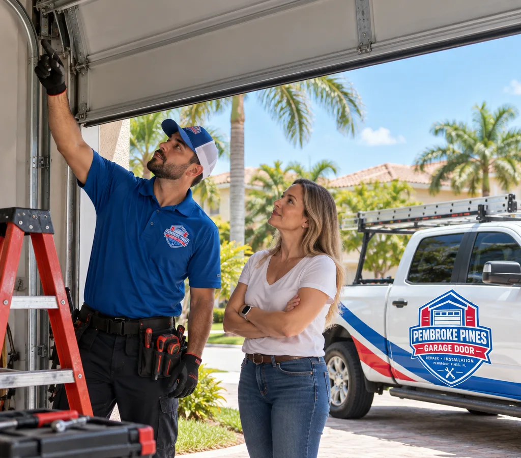 Residential garage door partially open in bright South Florida light